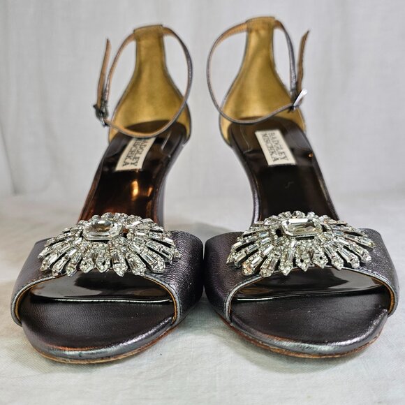 Badgley Mischka Leather Open Toe Wedges Heels Pewter Metallic w Rhinestones 7 - Picture 5 of 10